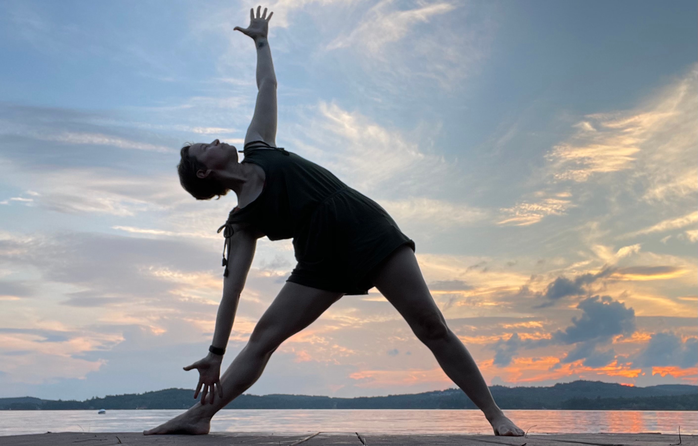 Kalyana in yoga practice at sunset